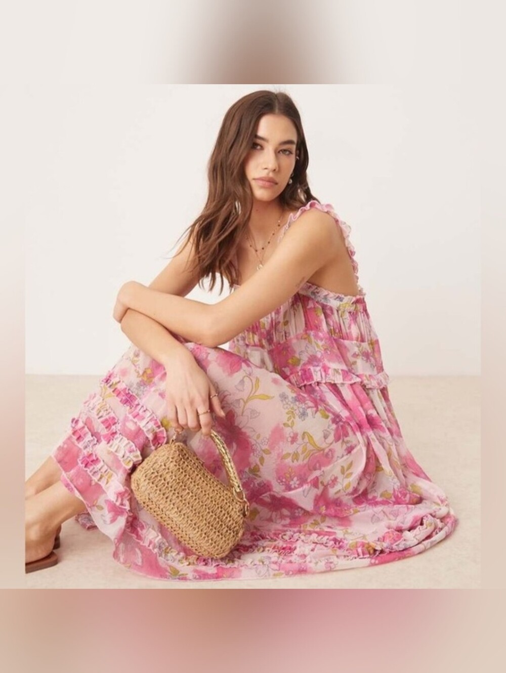 Free People Intimately Sheer Pink Floral Ruffle Maxi Sundress Small NWT